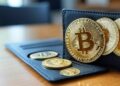 Un bitcoin sobre una cartera de cuero sobre un escritorio.