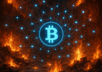 Una moneda de bitcoin azul envuelta en llamas.