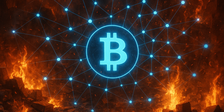 Una moneda de bitcoin azul envuelta en llamas.