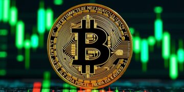 Imagen de moneda de bitcoin y gráficos de precio.
