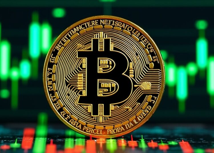 Imagen de moneda de bitcoin y gráficos de precio.