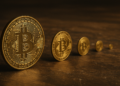 4 monedas físicas de bitcoin de diferentes tamaños.