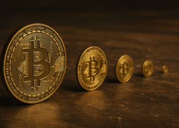 4 monedas físicas de bitcoin de diferentes tamaños.