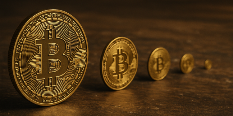 4 monedas físicas de bitcoin de diferentes tamaños.