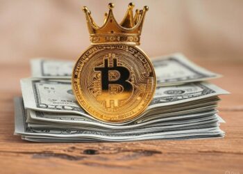 Una moneda de bitcoin con una corona y dólares debajo de ella.