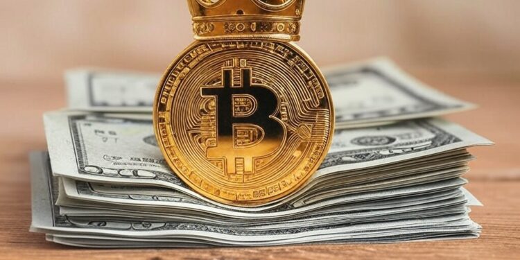 Una moneda de bitcoin con una corona y dólares debajo de ella.
