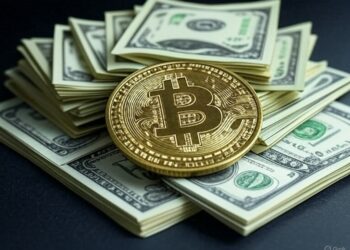 Moneda de bitcoin y billetes de dólares