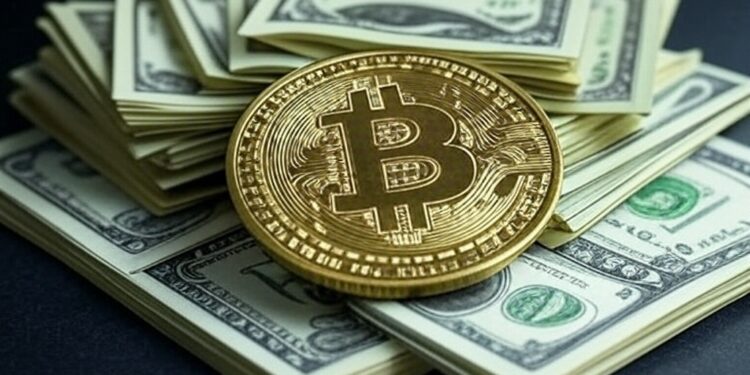 Moneda de bitcoin y billetes de dólares