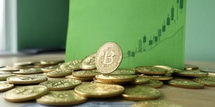 Monedas de bitcoin con gráfico verde en el fondo.