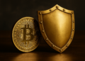 Moneda física de bitcoin con un escudo de oro.