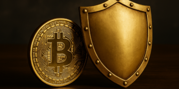 Moneda física de bitcoin con un escudo de oro.