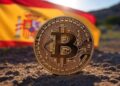 Imagen de IA sobre Bitcoin y una bandera española en el fondo.