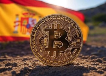 Imagen de IA sobre Bitcoin y una bandera española en el fondo.