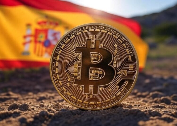 Imagen de IA sobre Bitcoin y una bandera española en el fondo.