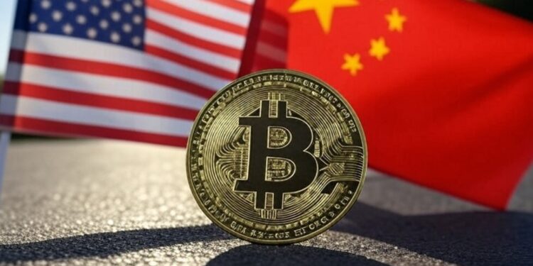 Imagen de IA de Bitcoin y las banderas de EE. UU. y China.