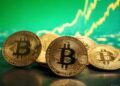 monedas de bitcoin con un gráfico verde de fondo.