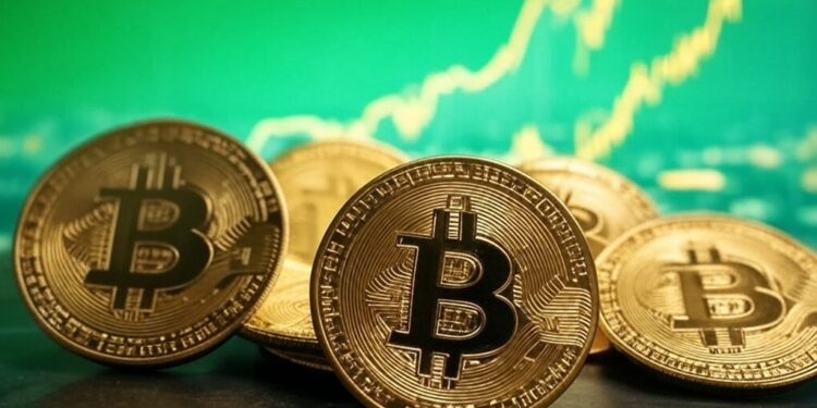 monedas de bitcoin con un gráfico verde de fondo.