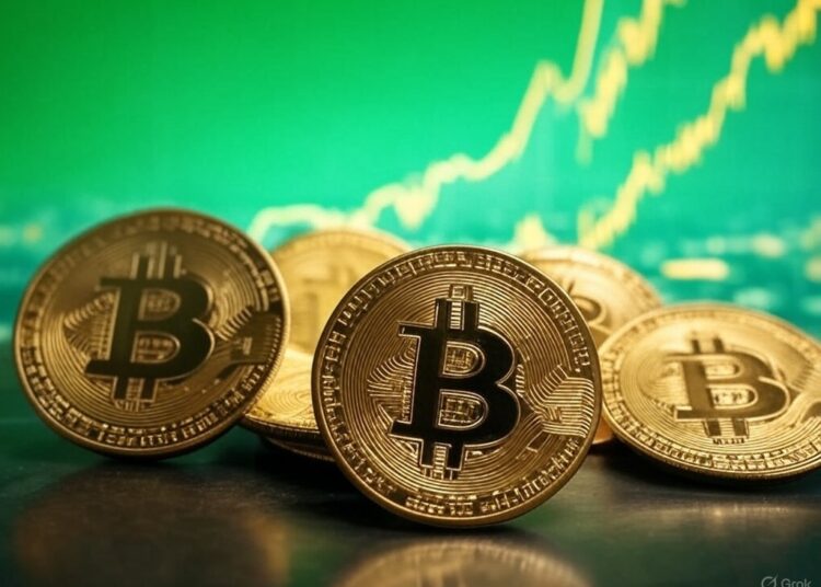 monedas de bitcoin con un gráfico verde de fondo.