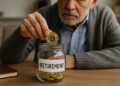 Un hombre colocando monedas físicas de bitcoin en un tarro de vidrio que dice "retiro".