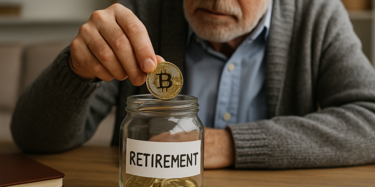 Un hombre colocando monedas físicas de bitcoin en un tarro de vidrio que dice "retiro".