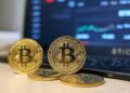 Monedas de bitcoin con gráfico bursátil de fondo.