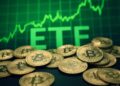 Monedas de bitcoin en una mesa, con un gráfico de precio verde y la leyenda "ETF".