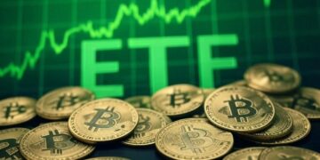 Monedas de bitcoin en una mesa, con un gráfico de precio verde y la leyenda "ETF".