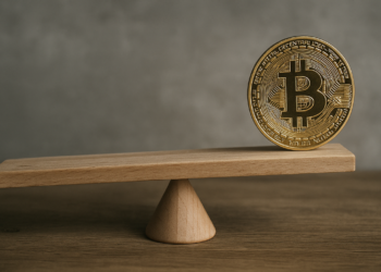 Moneda de bitcoin equilibrándose en una balanza de madera, simbolizando una inversión asimétrica.