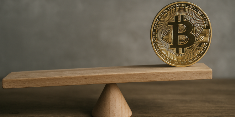 Moneda de bitcoin equilibrándose en una balanza de madera, simbolizando una inversión asimétrica.
