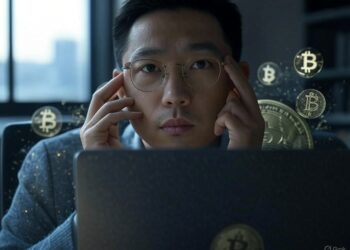 Imagen de persona pensando en bitcoin y computadora.