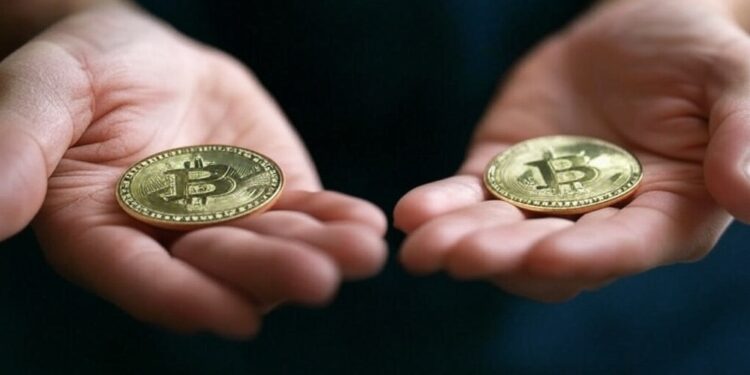 Manos sosteniendo bitcoin.