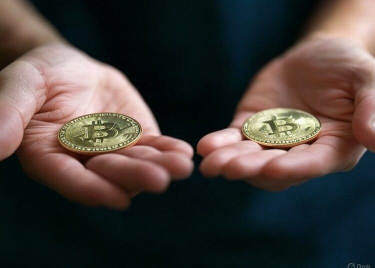 Manos sosteniendo bitcoin.