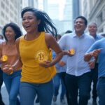 personas corriendo con bitcoin en la mano.