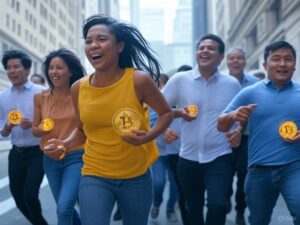 personas corriendo con bitcoin en la mano.