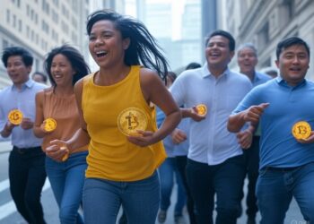 personas corriendo con bitcoin en la mano.
