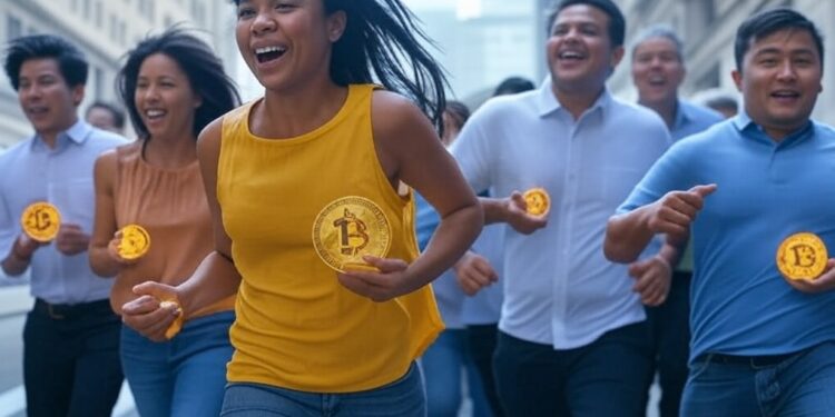 personas corriendo con bitcoin en la mano.