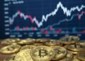 monedas de bitcoin y al fondo un gráfico de fondo.