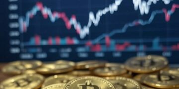 monedas de bitcoin y al fondo un gráfico de fondo.