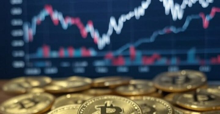 monedas de bitcoin y al fondo un gráfico de fondo.