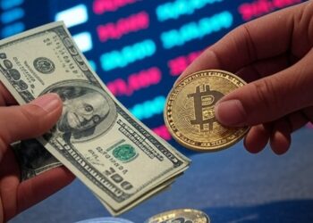 una mano sosteniendo un bitcoin y la otra un dólares.