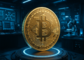 Una moneda de BTC en un laboratorio.
