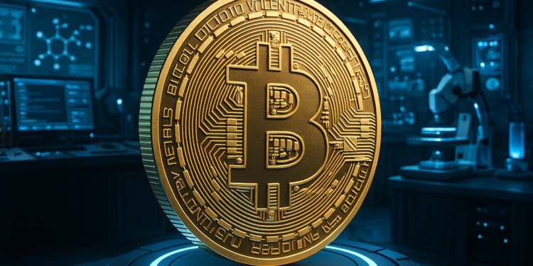 Una moneda de BTC en un laboratorio.