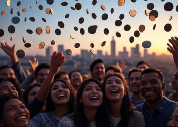 Gente celebrando la lluvia de monedas de bitcoin.