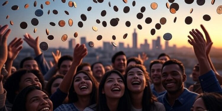 Gente celebrando la lluvia de monedas de bitcoin.