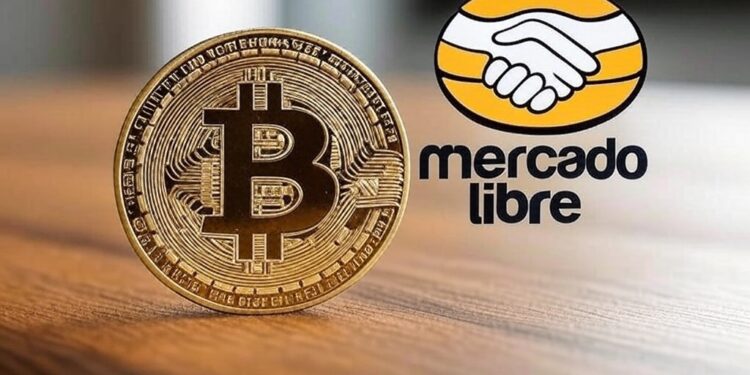 Bitcoins y logo de Mercado Libre.