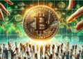 Una imagen de un montón de gente intentando tocar un bitcoin que está en el aire junto a gráficas en verde.