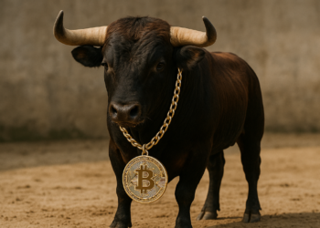 Un toro con una medalla de bitcoin.