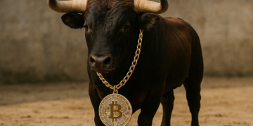 Un toro con una medalla de bitcoin.