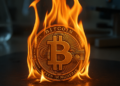 Una moneda de BTC en un laboratorio prendida fuego.