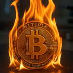 Una moneda de BTC en un laboratorio prendida fuego.